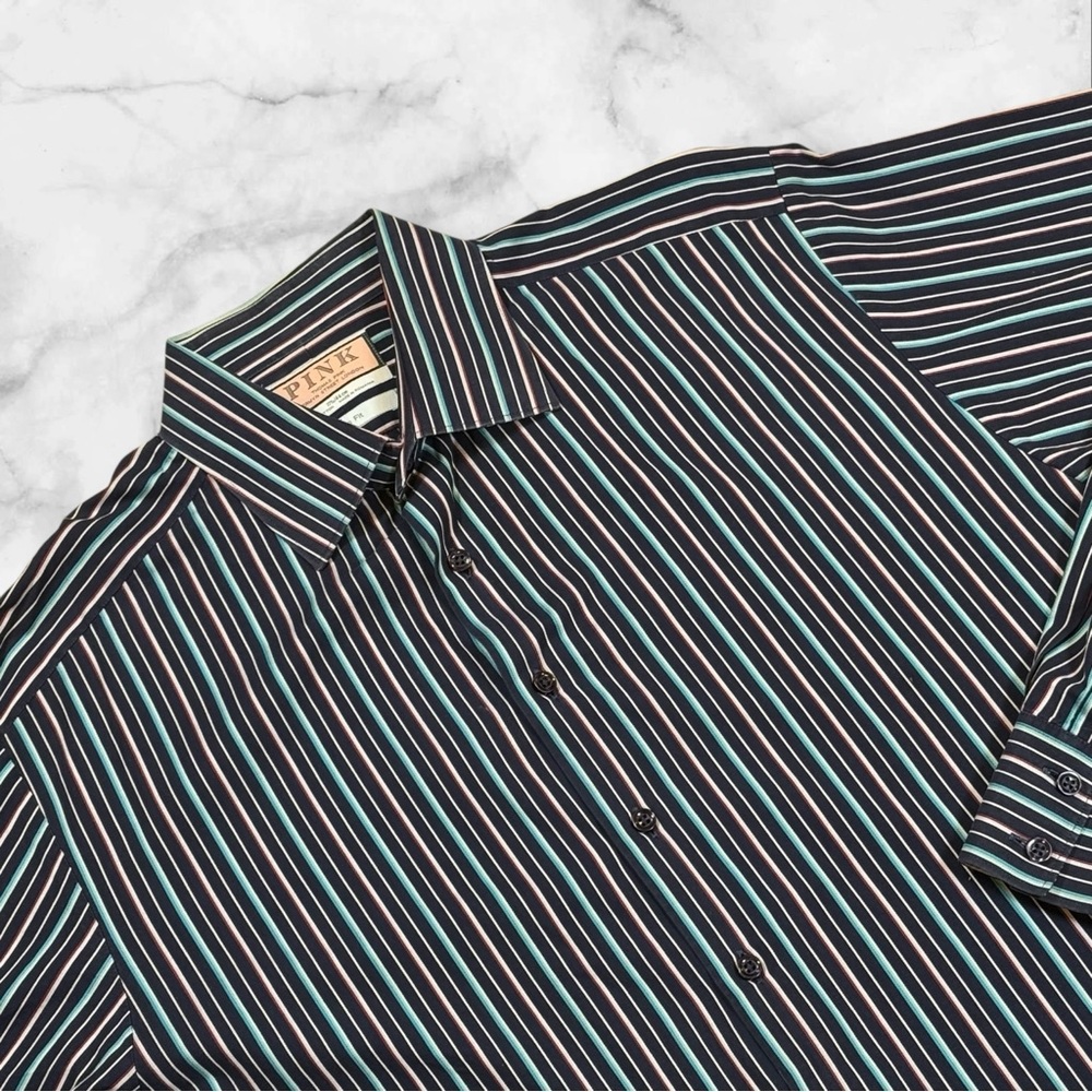 Thomas Pink 17.5/44cm 100% Cotton Slim‎ Fit Men’s Button Up Striped Shirt Navy